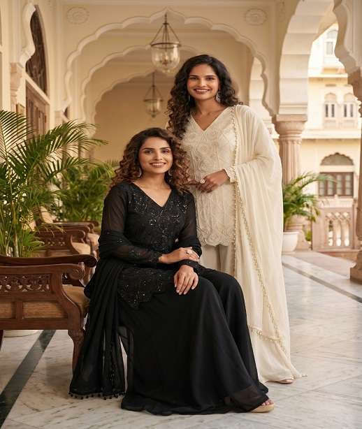 DESIGNER FANCY PARTY WEAR PREMIUM CHINON SILK BEADS WORK SHARARA SALWAR SUIT PALAZZO SVN 143-144