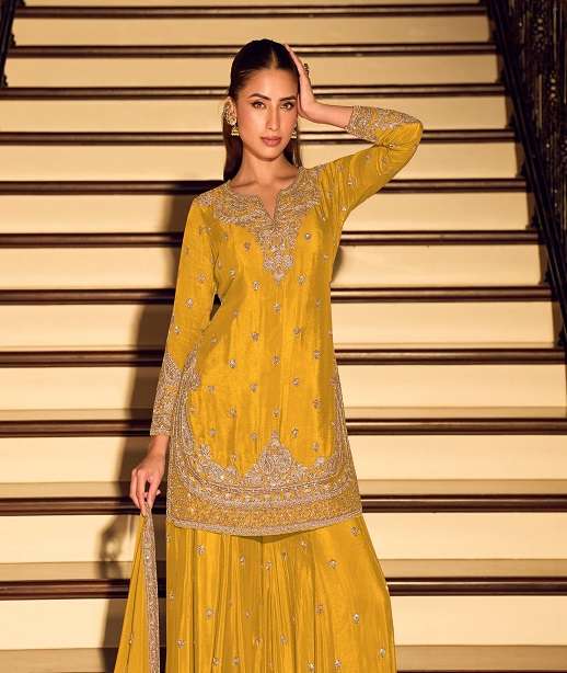 DESIGNER FANCY PARTY WEAR PREMIUM CHINON SILK SHARARA SALWAR SUIT PALAZZO SY JG 2121 COLOR