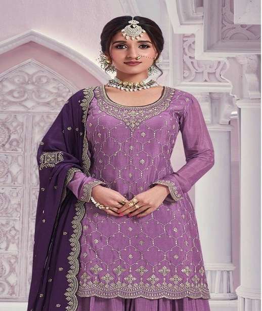 DESIGNER FANCY PARTY WEAR PREMIUM CHINON SILK SHARARA SALWAR SUIT PALAZZO JG 3116 COLOR