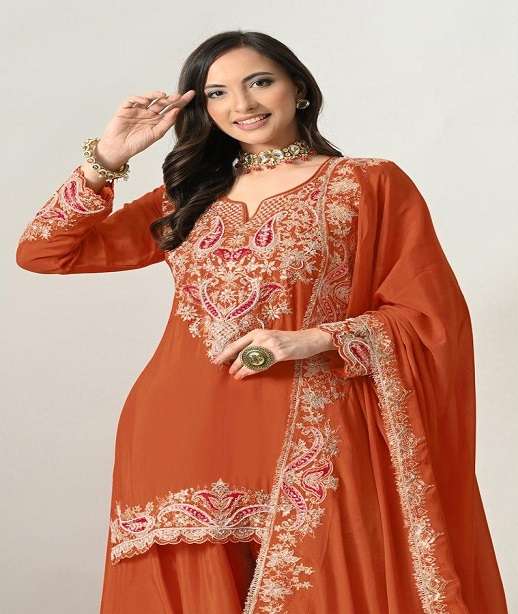 DESIGNER FANCY PARTY WEAR PREMIUM CHINON SILK SHARARA SALWAR SUIT PALAZZO JG 3112 COLOR