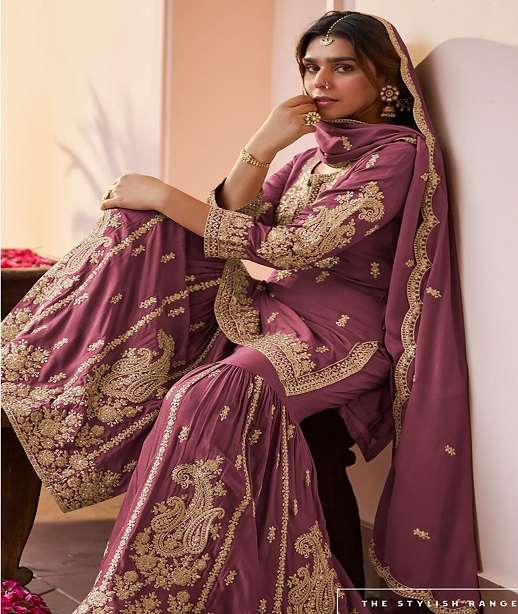 DESIGNER FANCY PARTY WEAR REAL CHINON SHARARA SALWAR SUIT PALAZZO GL RH PURVA 7656 COLOR