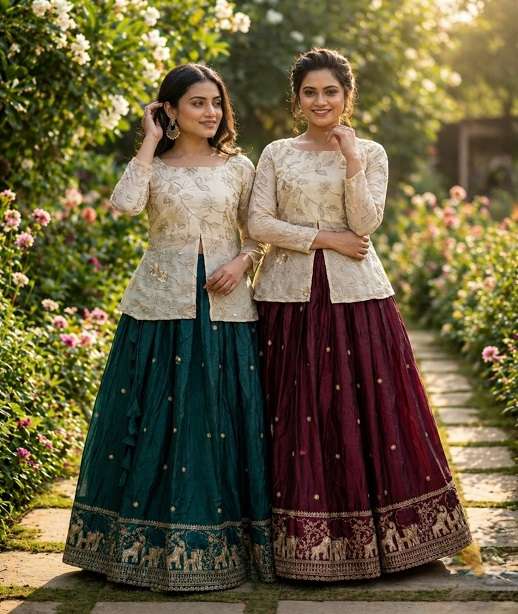DESIGNER FANCY WEDDING PARTY WEAR ZARI WORK READYMADE SILK LEHENGA CHOLI LW 7168 COLOR