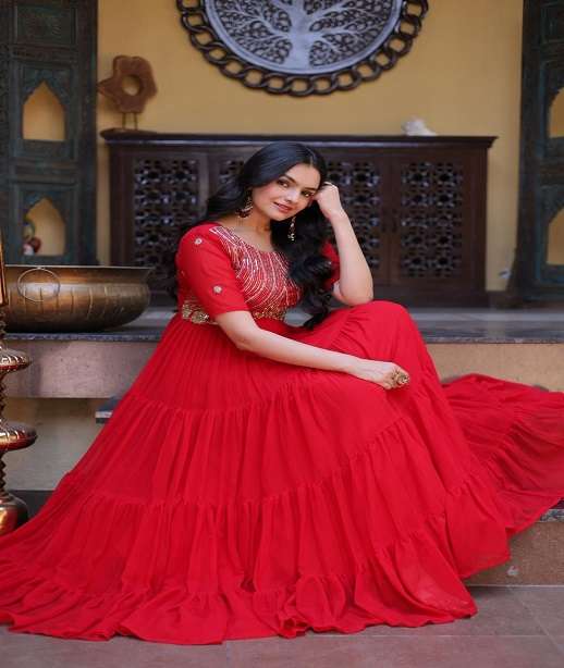 DESIGNER PARTY WEDDING WEAR READYMADE FAUX BLOOMING ANARKALI GOWN COLLECTION KU 1255