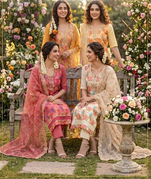 DESIGNER WEDDING PARTY WEAR STRAIGHT ORGANZA FLORAL PRINTED HANDWORK SALWAR SUIT SVN 132-135