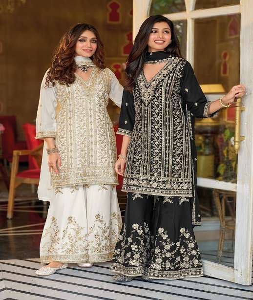 DESIGNER FANCY PARTY WEAR CHINON SILK SHARARA SALWAR SUIT PALAZZO EB 2411-12