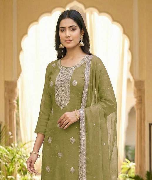 DESIGNER FANCY PARTY WEAR CRUNCHY SILK SALWAR SUIT WITH ZARKAN WORK JG 5272 COLOR