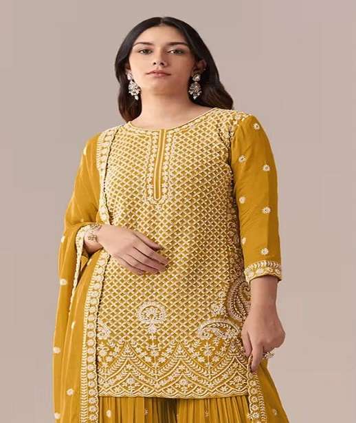 DESIGNER FANCY PARTY WEAR FAUX GEORGETTE SHARARA SALWAR SUIT PALAZZO BEADS WORK JG 3119 COLOR