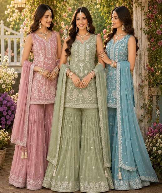 DESIGNER FANCY PARTY WEAR HEAVY CHIFFON SHARARA SALWAR SUIT PALAZZO CP 1727 COLORS