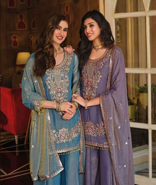 DESIGNER FANCY PARTY WEAR MOSS SILK SHARARA SALWAR SUIT PALAZZO EB SOFIYA 2434-35