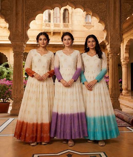 DESIGNER PARTY WEDDING WEAR READYMADE CRUNCY SILK ANARKALI GOWN COLLECTION KU 1264 COLOR