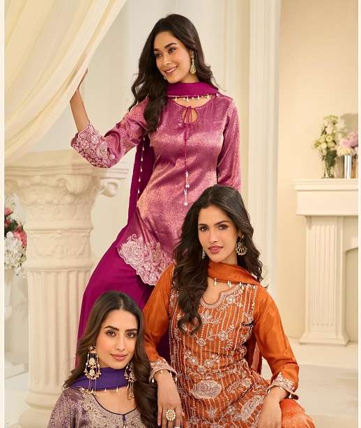 DESIGNER WEDDING PARTY WEAR JACQUARD SILK SHARARA PALLAZO SALWAR SUIT WITH BEADS WORK SY 10308-10310