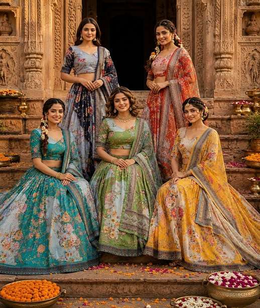 INDIAN DESIGNER BOLLYWOOD WEDDING PARTY WEAR TEBBY SILK FLORAL PRINTED LEHENGA CHOLI KU 5072 COLOR