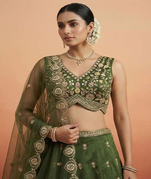 DESIGNER BOLLYWOOD BRIDAL WEDDING PARTY WEAR CHINON SILK LEHENGA CHOLI MOTI WORK SENHORA NT 6318 COLOR