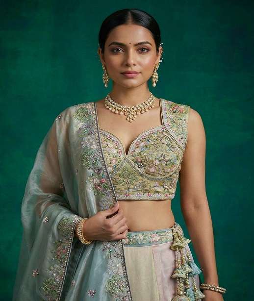 DESIGNER BOLLYWOOD BRIDAL WEDDING PARTY WEAR ORGANZA SILK BEADS LEHENGA CHOLI SENHORA DRESSES NT 6302 COLOR