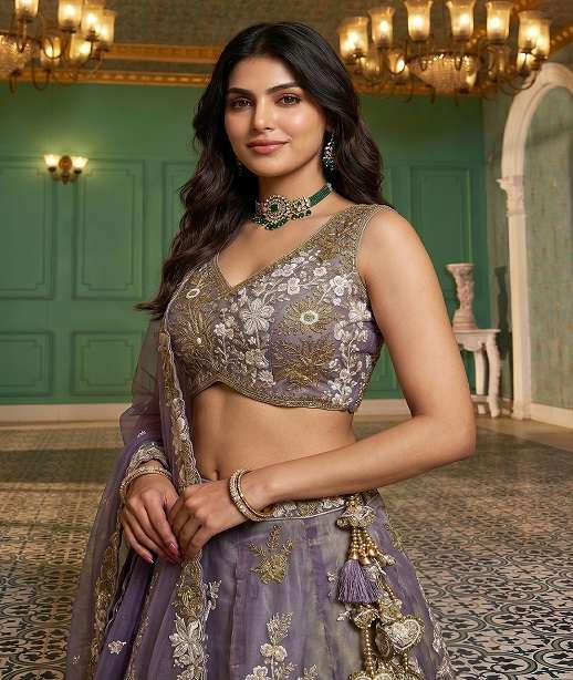 DESIGNER BOLLYWOOD BRIDAL WEDDING PARTY WEAR TISSUE SILK LEHENGA CHOLI SENHORA NT 6304 COLOR
