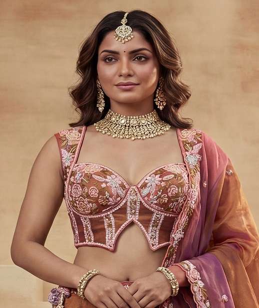 DESIGNER BOLLYWOOD BRIDAL WEDDING PARTY WEAR TISSUE SILK LEHENGA CHOLI BEADS WORK SENHORA NT 6311 COLOR
