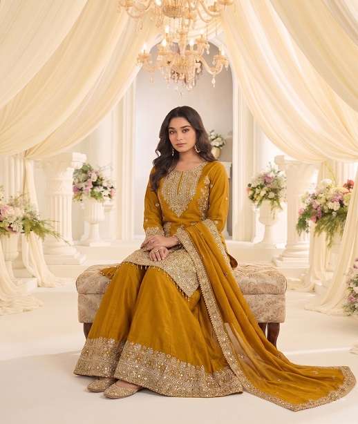 DESIGNER FANCY PARTY WEAR CHINON SHARARA SALWAR SUIT PALAZZO KB 3322 COLOR