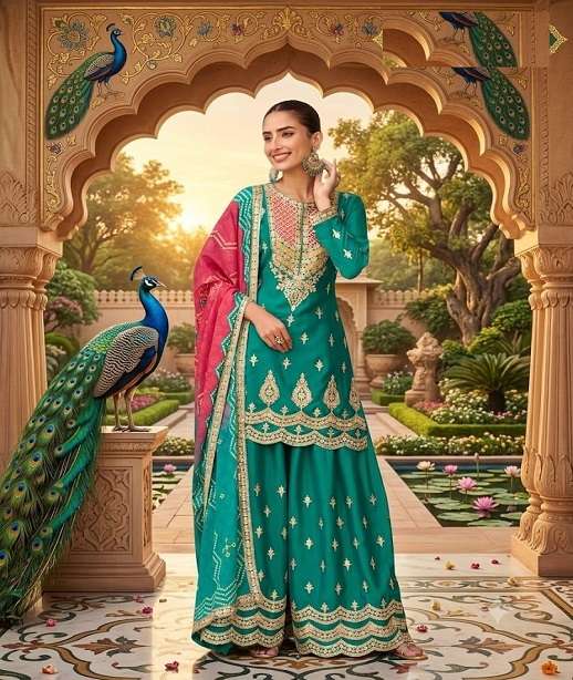 DESIGNER FANCY PARTY WEAR HEAVY REAL CHINON SILK READYMADE SHARARA SALWAR SUIT PALAZZO AF ARUNA 10659-10661