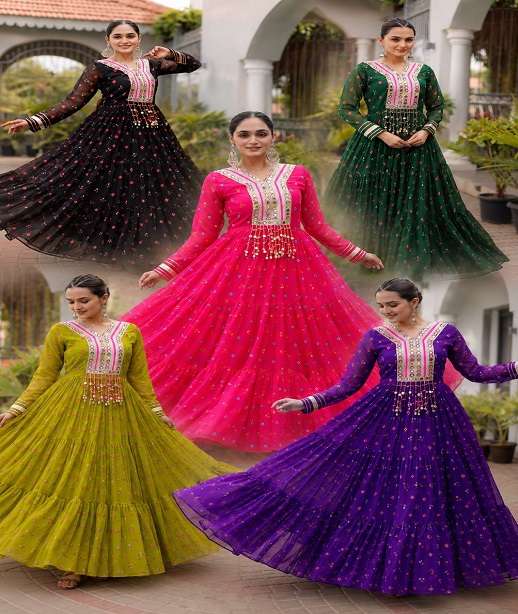 DESIGNER NAVRATRI WEAR FAUX GEORGETTE KUTCHI WORK NAVRATRI ANARKALI GOWN KU 1265 COLOR