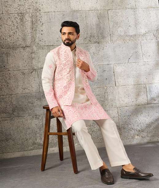 DESIGNER PARTY WEAR READYMADE ART SILK MENS KOTI KURTA KF 21151-21155
