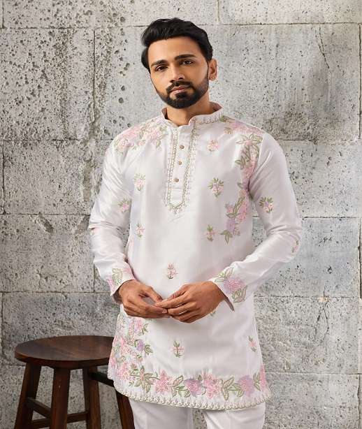 DESIGNER PARTY WEAR READYMADE MENS SILK KURTA WITH THREAD SEQUENCE WORK KF 61801-61807