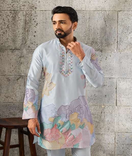 DESIGNER PARTY WEAR READYMADE MENS SILK KURTA WITH THREAD SEQUENCE WORK KF 61791-61796