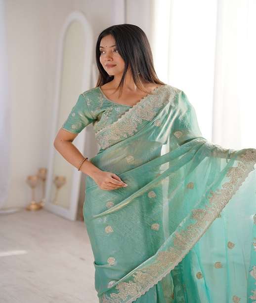 DESIGNER WEDDING PARTY WEAR FENDY CRUSH SILK SAREE WITH ZARI HOTFIX WORK LW 8002 COLOR