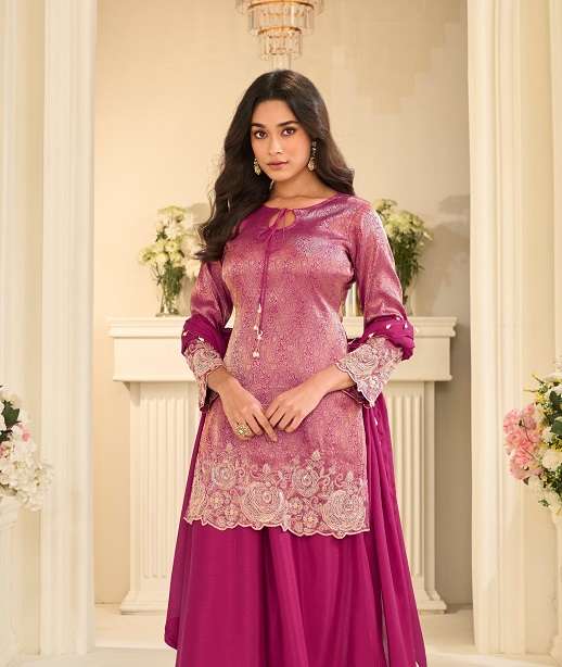 DESIGNER WEDDING PARTY WEAR JACQUARD SILK SHARARA PALLAZO SALWAR SUIT WITH BEADS WORK SY 10290-10292