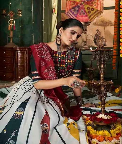 READY TO WEAR NAVRATRI COTTON MULTICOLOR LEHENGA CUM GAMTHI LEHENGA MIRROR WORK CHOLI KF RAAS 2411 2416 2456