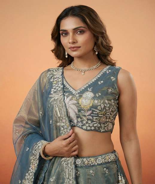 DESIGNER BOLLYWOOD BRIDAL WEDDING PARTY WEAR TISSUE SILK LEHENGA CHOLI BEADS WORK SENHORA NT 6325 COLOR