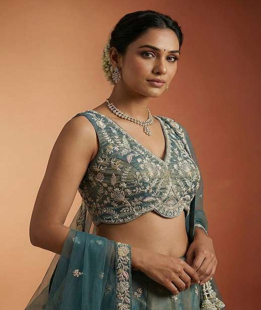 DESIGNER BOLLYWOOD BRIDAL WEDDING PARTY WEAR TISSUE SILK LEHENGA CHOLI BEADS WORK SENHORA NT 6323 COLOR