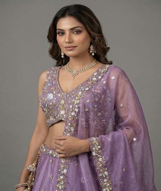 DESIGNER BOLLYWOOD BRIDAL WEDDING PARTY WEAR TISSUE SILK LEHENGA CHOLI BEADS WORK SENHORA NT 6327 COLOR