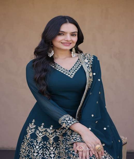 DESIGNER FANCY PARTY WEAR FAUX BLOOMING ANARKALI SHARARA SALWAR SUIT PALAZZO KU 1254 COLOR