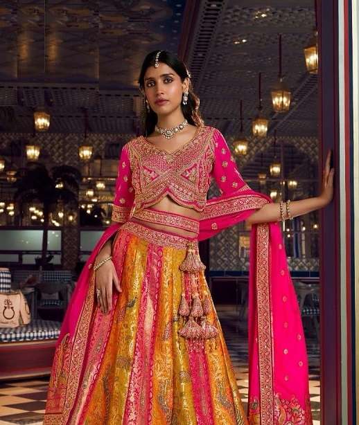 DESIGNER WEDDING BRIDAL WEAR INDIAN HEAVY MULTICOLOR BANARASI SILK LEHENGA CHOLI WITH SILK DUPATTA SM ROYAL 10380-10385
