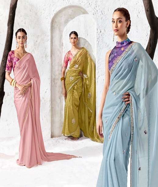 DESIGNER WEDDING PARTY WEAR FANCY WORK SILK SAREE WITH PRINT WORK BLOUSE SM KM 2351-2365