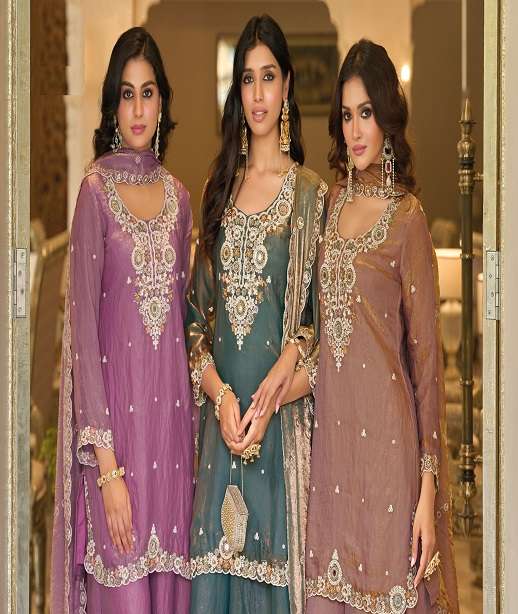 DESIGNER WEDDING PARTY WEAR FENDY SATIN READYMADE BEADS WORK SHARARA SALWAR SUIT PALAZZO EB 2521-2523