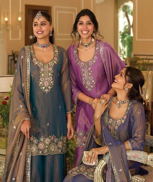 DESIGNER WEDDING PARTY WEAR MOCH SILK READYMADE SHARARA SALWAR SUIT PALAZZO EB NAVELI 2511-2513