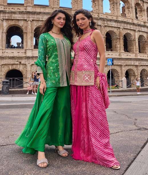DESIGNER WEDDING PARTY WEAR SIMAR SILK PALAZZO SHARARA SALWAR SUIT SY MEHAR 20010-20012
