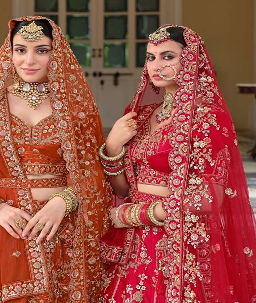 DESIGNER BRIDAL WEDDING WEAR PREMIUM SILK ZARDOSI WORK WITH BEADS LEHENGA CHOLI SENHORA NT 13011-13012