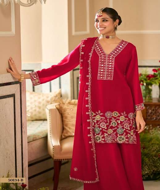 DESIGNER FANCY PARTY WEAR PREMIUM CHINON SHARARA SALWAR SUIT PALAZZO EB 50134 COLOR