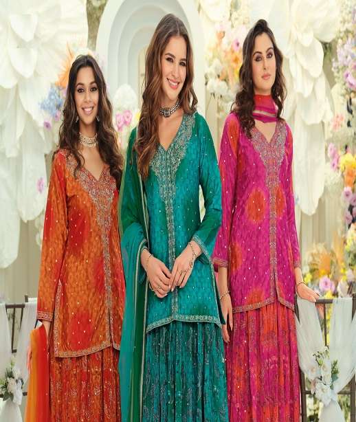 DESIGNER FANCY PARTY WEAR PREMIUM CHINON SHARARA SALWAR SUIT PALAZZO EB URVI 2370-2372