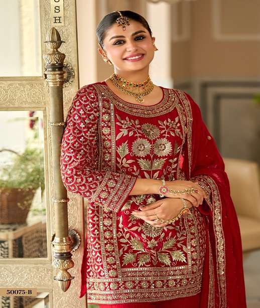 DESIGNER FANCY PARTY WEAR PREMIUM FENDY SATIN SHARARA SALWAR SUIT PALAZZO EB 50075 COLOR