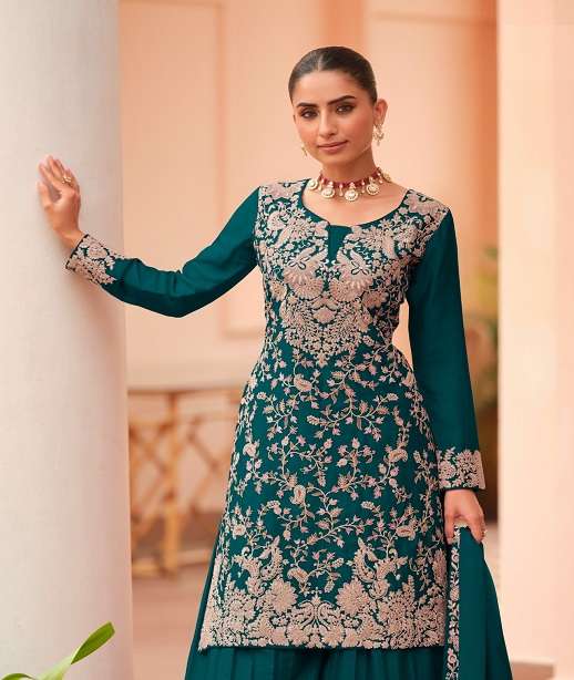 DESIGNER FANCY PARTY WEAR REAL CHINON SHARARA SALWAR SUIT PALAZZO DST APSARA 10649-10652