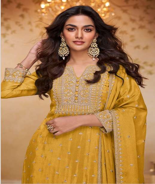 DESIGNER FANCY PARTY WEAR REAL CHINON SHARARA SALWAR SUIT PALAZZO GL ZEEYA 7689 COLOR