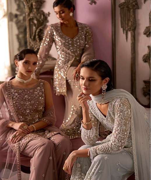 DESIGNER HEAVY PREMIUM WEDDING PARTY WEAR NET FABRIC SHARARA SALWAR SUIT KM SM LABEL 1-3