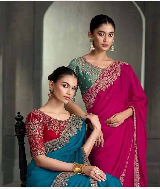 DESIGNER WEDDING PARTY WEAR FANCY SARTIN SILK SAREE WITH HEAVY BLOUSE SM TFH 1701-1718
