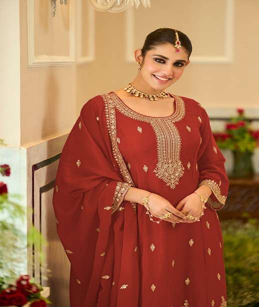 DESIGNER WEDDING PARTY WEAR REAL CHINON ANARKALI STYLE LONG SALWAR SUIT DST EBA 9954 COLOR