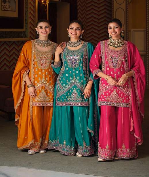 DESIGNER WEDDING PARTY WEAR REAL CHINON PALAZZO SHARARA SALWAR SUIT EBA 2464-2466