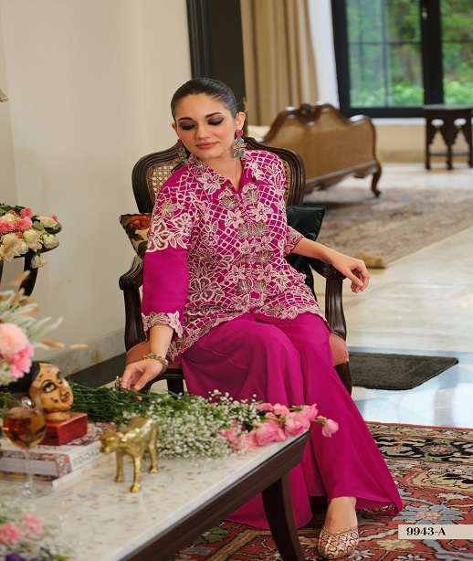 DESIGNER WEDDING PARTY WEAR REAL CHINON PALAZZO SHARARA SALWAR SUIT EBA 9946 COLOR