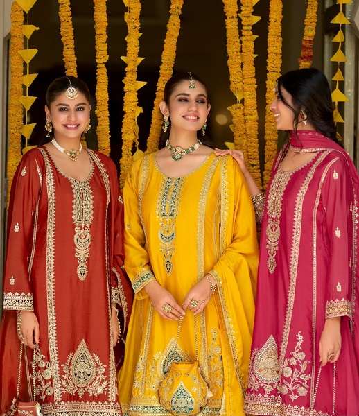 DESIGNER WEDDING PARTY WEAR REAL CHINON PLAZZO SHARARA SALWAR SUIT DST EBA 2611-2613